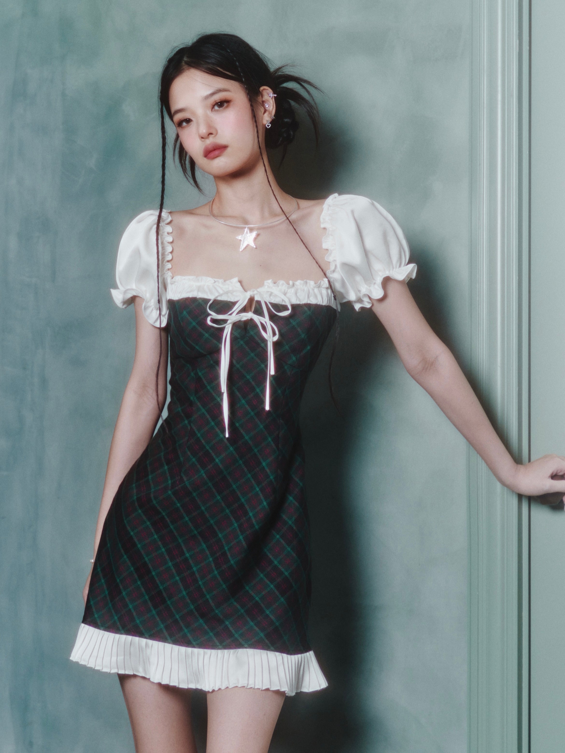 Lace-up Bowknot Plaid Square Neck Dress – ARCANA ARCHIVE