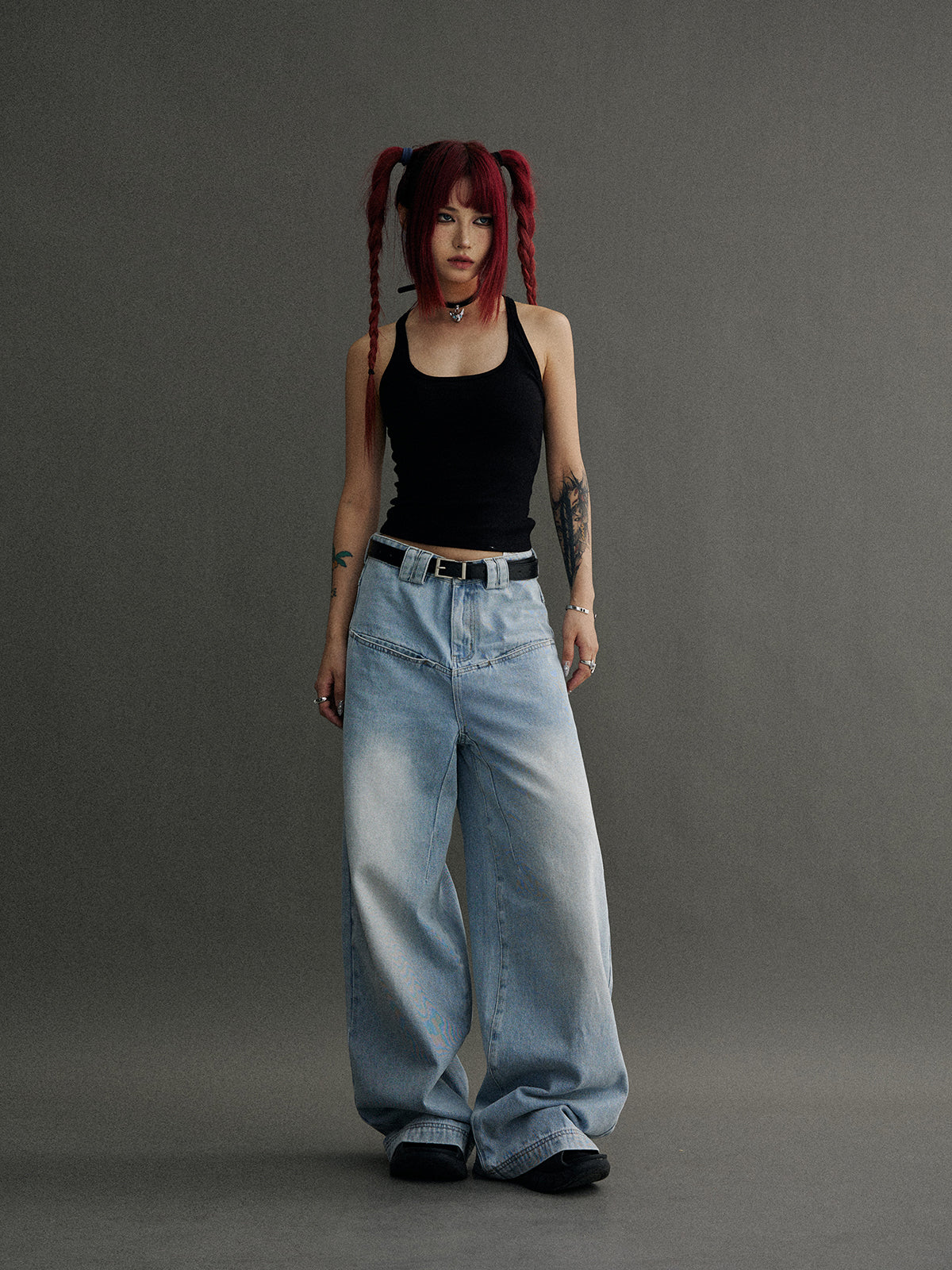 Unisex Faded Wide-Leg Simple Denim Pants