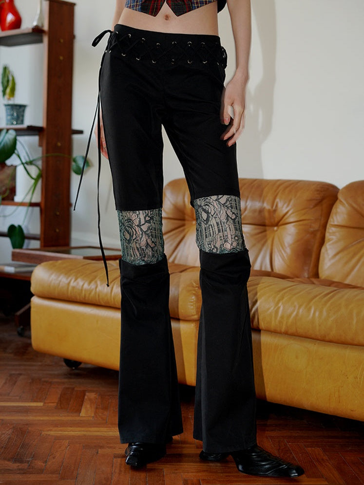 Niche Lace Stitching Slim Lace-Up Flared Pants