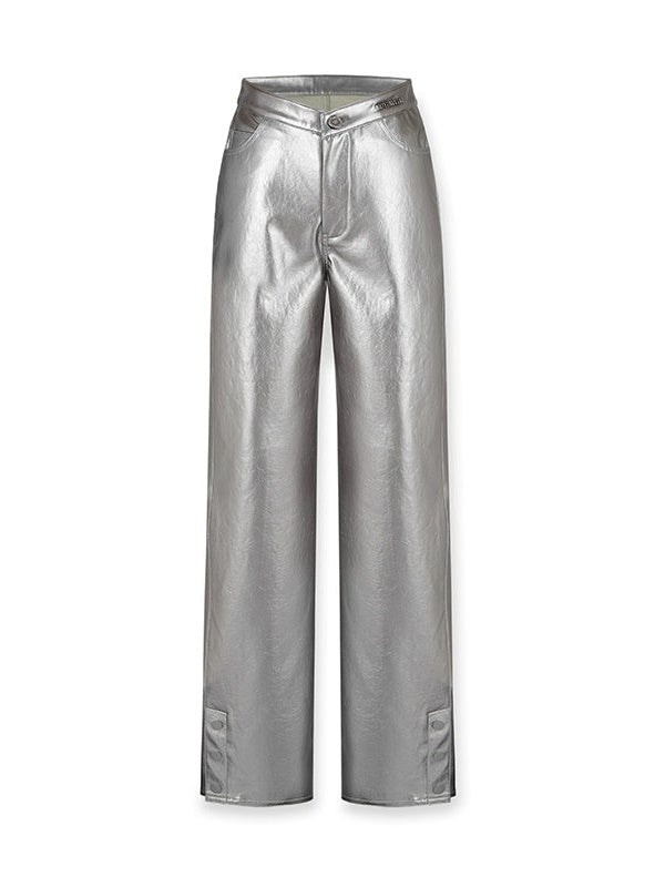 Pantalon en cuir métallique haute taille en V