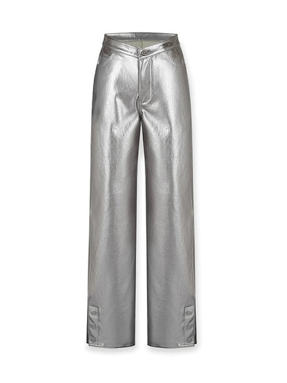 Pantalon en cuir métallique haute taille en V