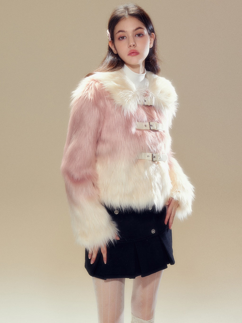 Gradient Long Hair Leather Buckle Friendly Fur Jacket