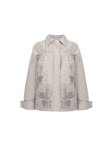 Flower Shadow Print Shirt Collar Drawstring Design Jacket