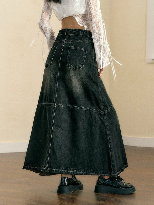 Retro Washed A Line Patchwork Denim Skirt