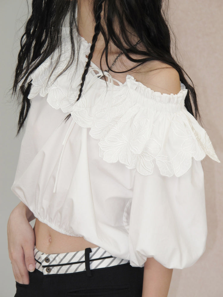 Carved Flower Lace Off-Shoulder Top ＆ Embroidered Skirt