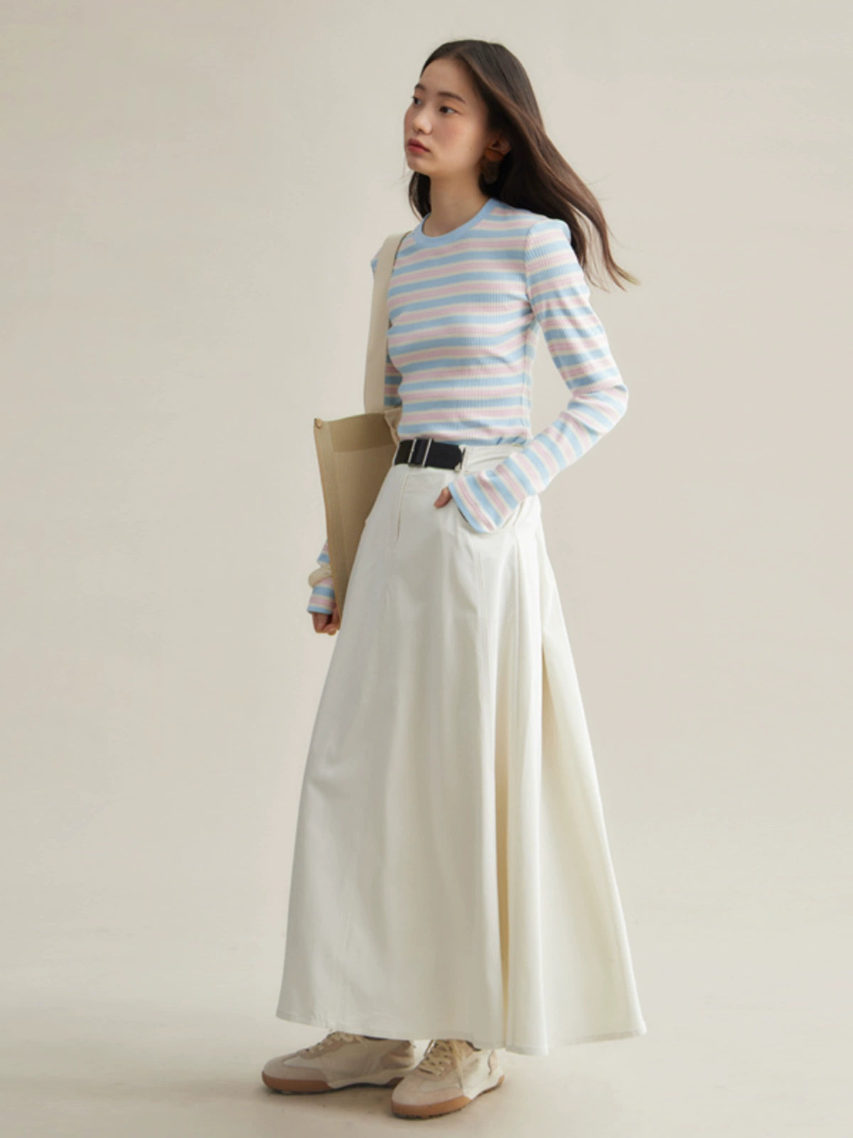 Mid-length Belt Decorated A-line Skirt