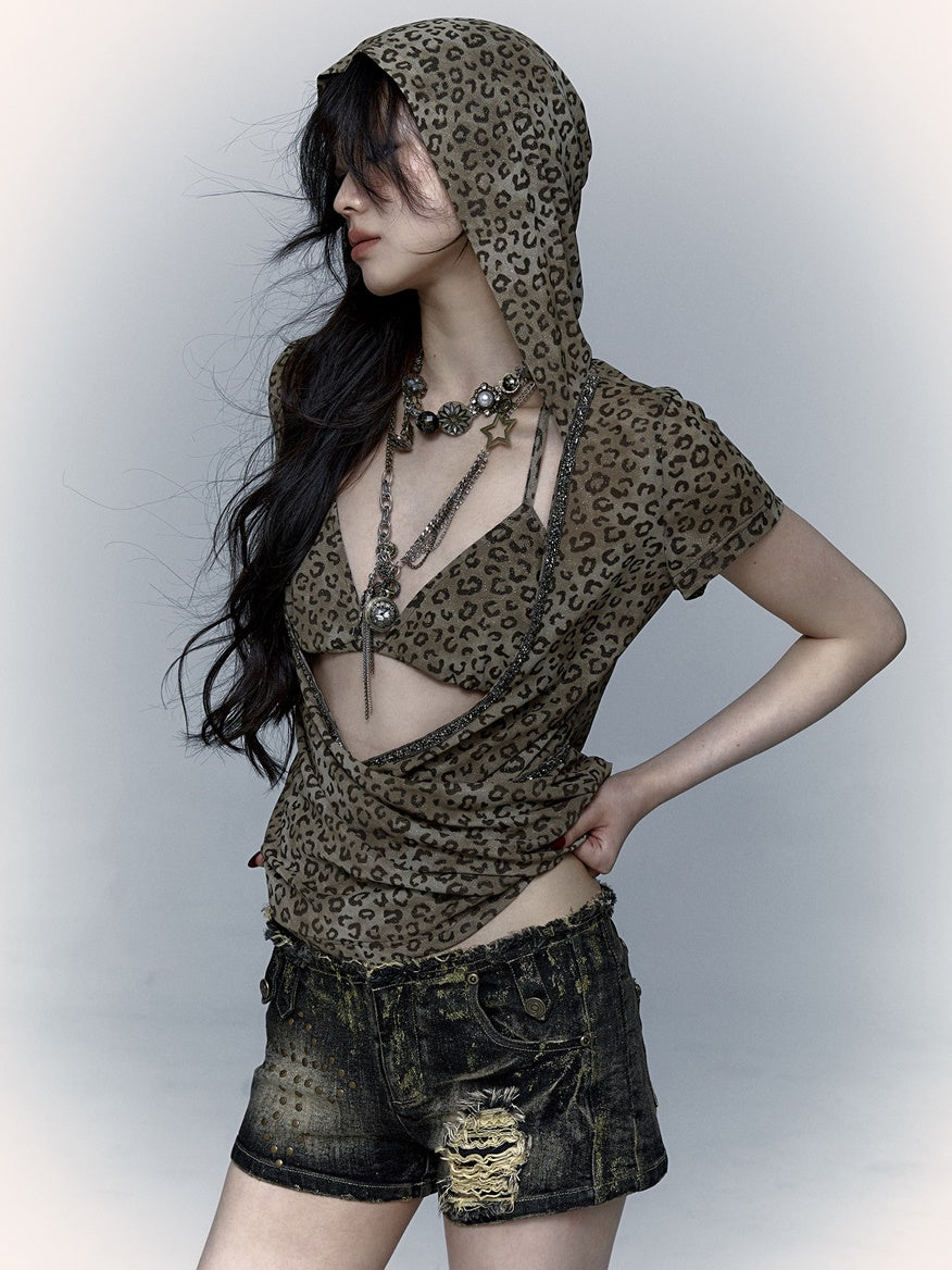 Leopard Print Mesh Hooded Cover-up