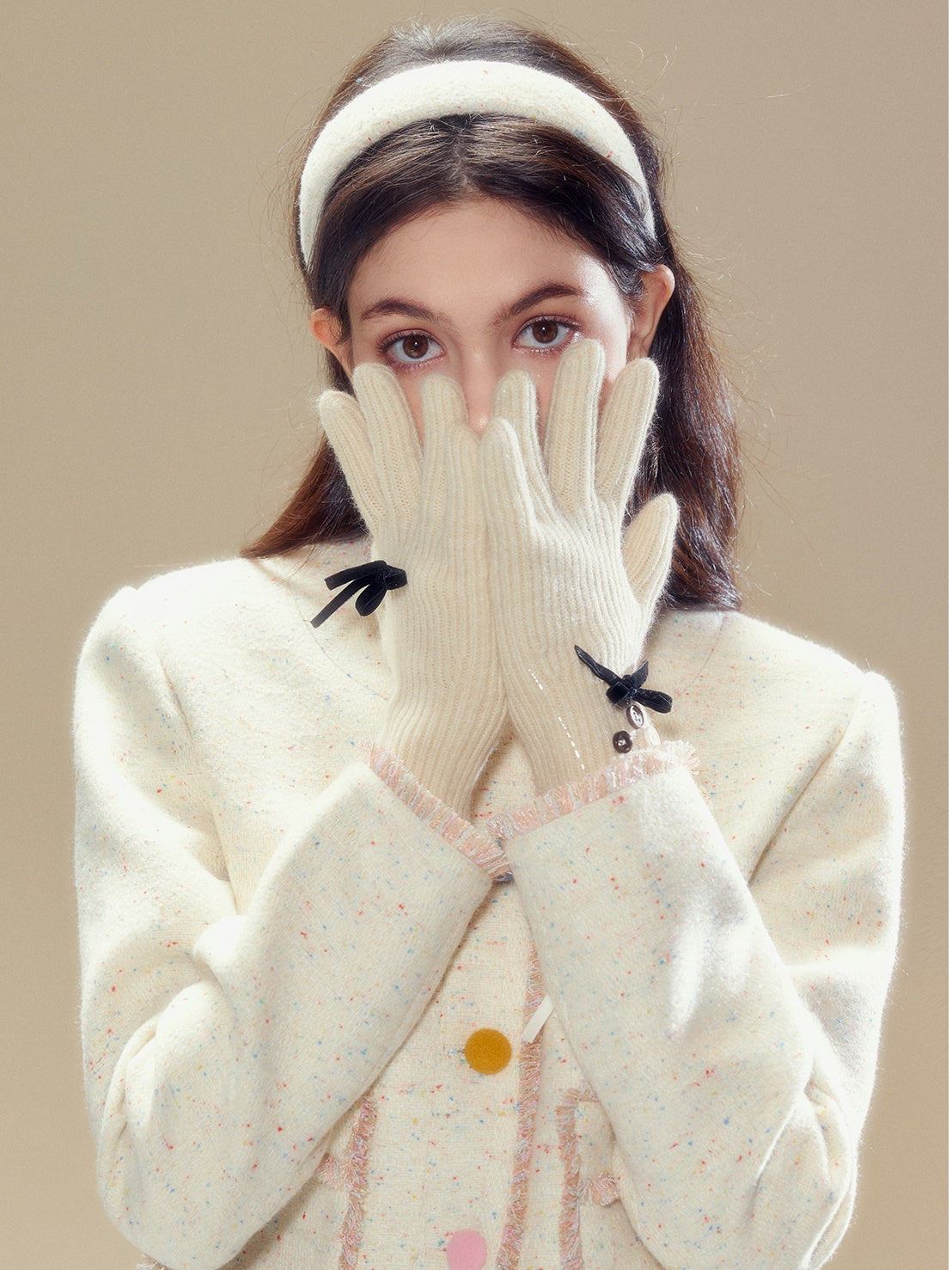 Bow Hand-button Knitted Five-finger Gloves