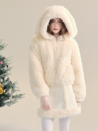 Fluffy Friendly Fur Short Hooded Jacket ＆ Skirt