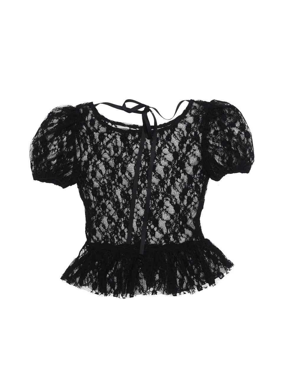 Jacquard Lace See-through Puff Sleeve Top