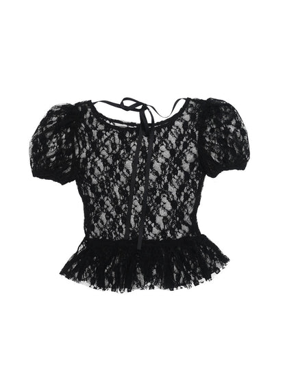 Jacquard Lace She-Through Puff Sleeve Top