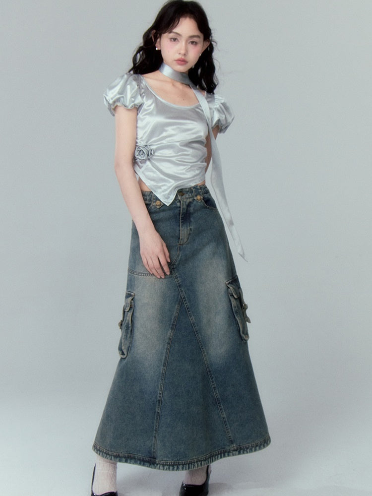 Washed Pocket Decoration A-Line Denim Skirt