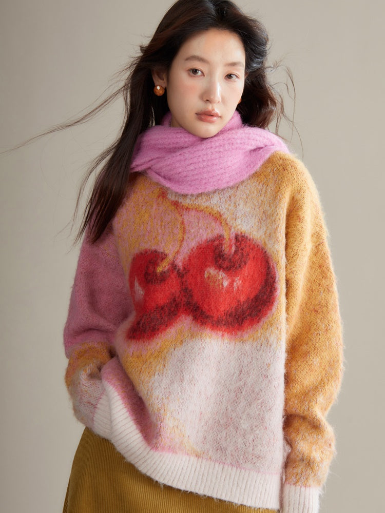 Cherry Gradient Jacquard Loose Pullover Sweater