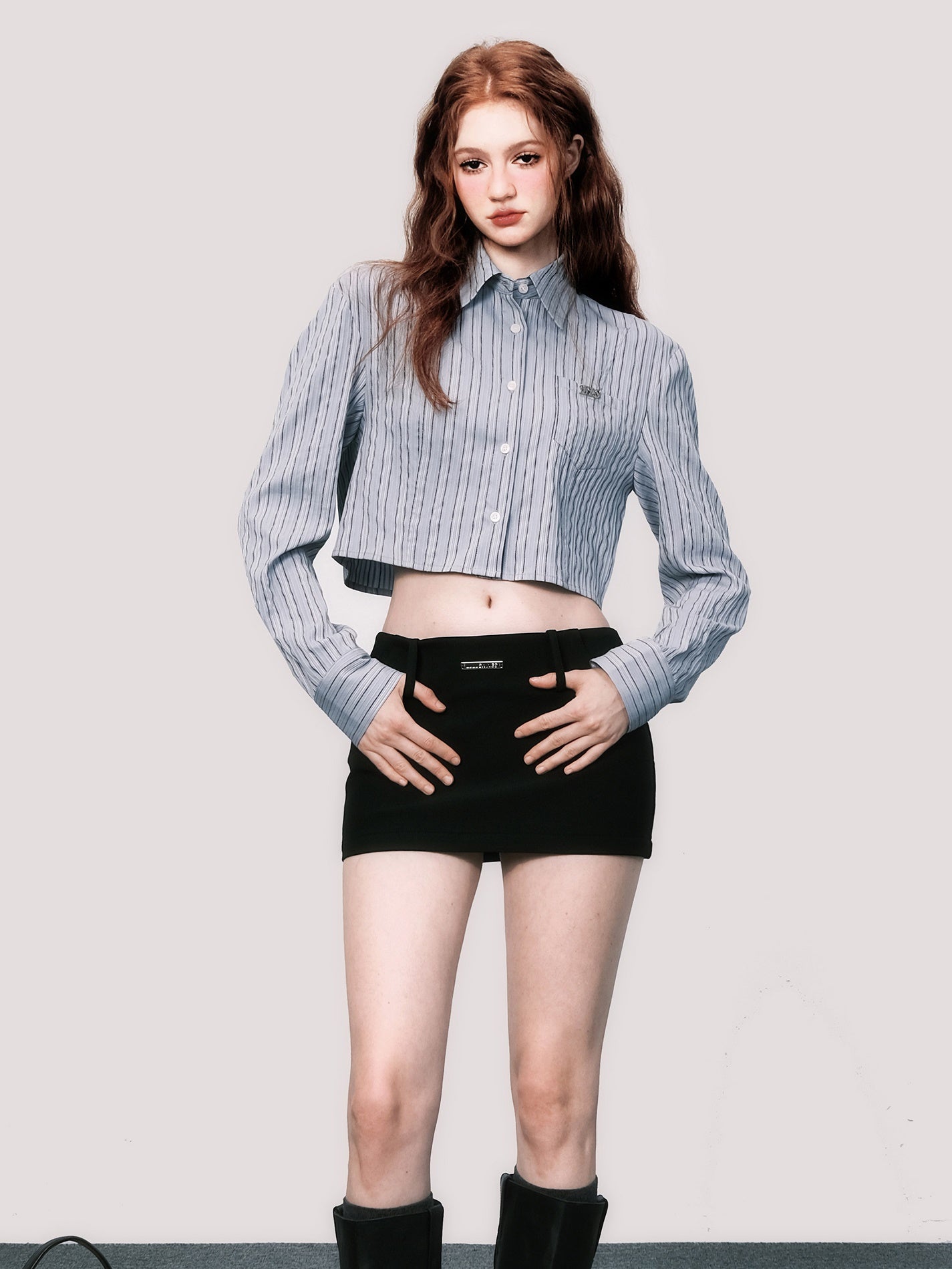 Cropped Stripe Long-sleeved Shirt