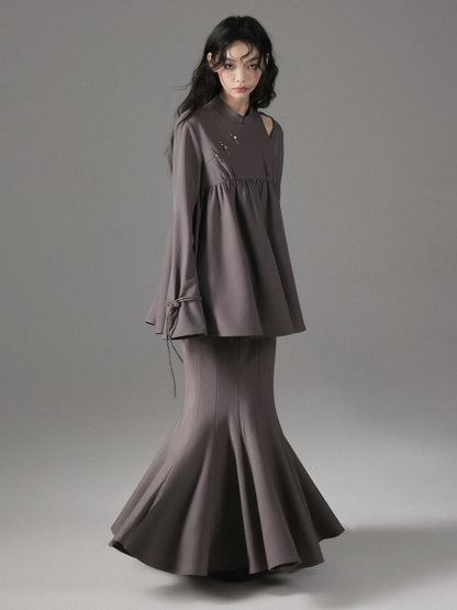 중국 스타일의 컷 아웃 Peplum Top &amp; Mermaid Long Skirt