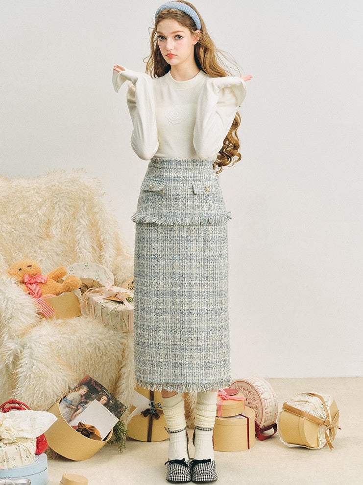 Loose Silhouette Tweed No-Collar Jacket ＆ Mid-Length Skirt