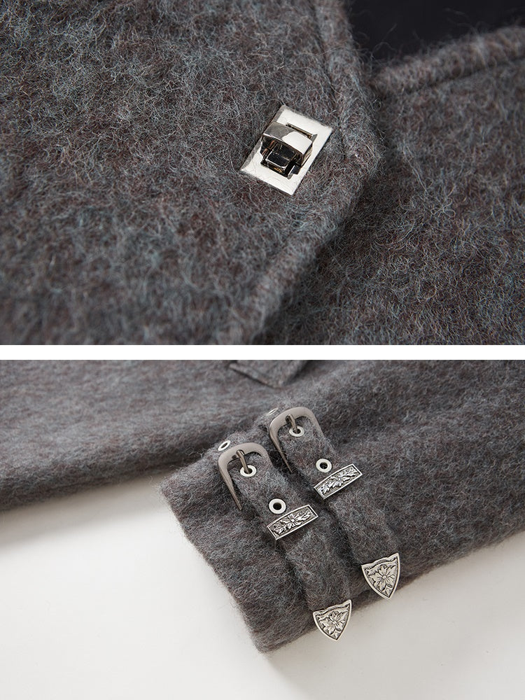 V-Neck Riveted Wool Blend Half Coat