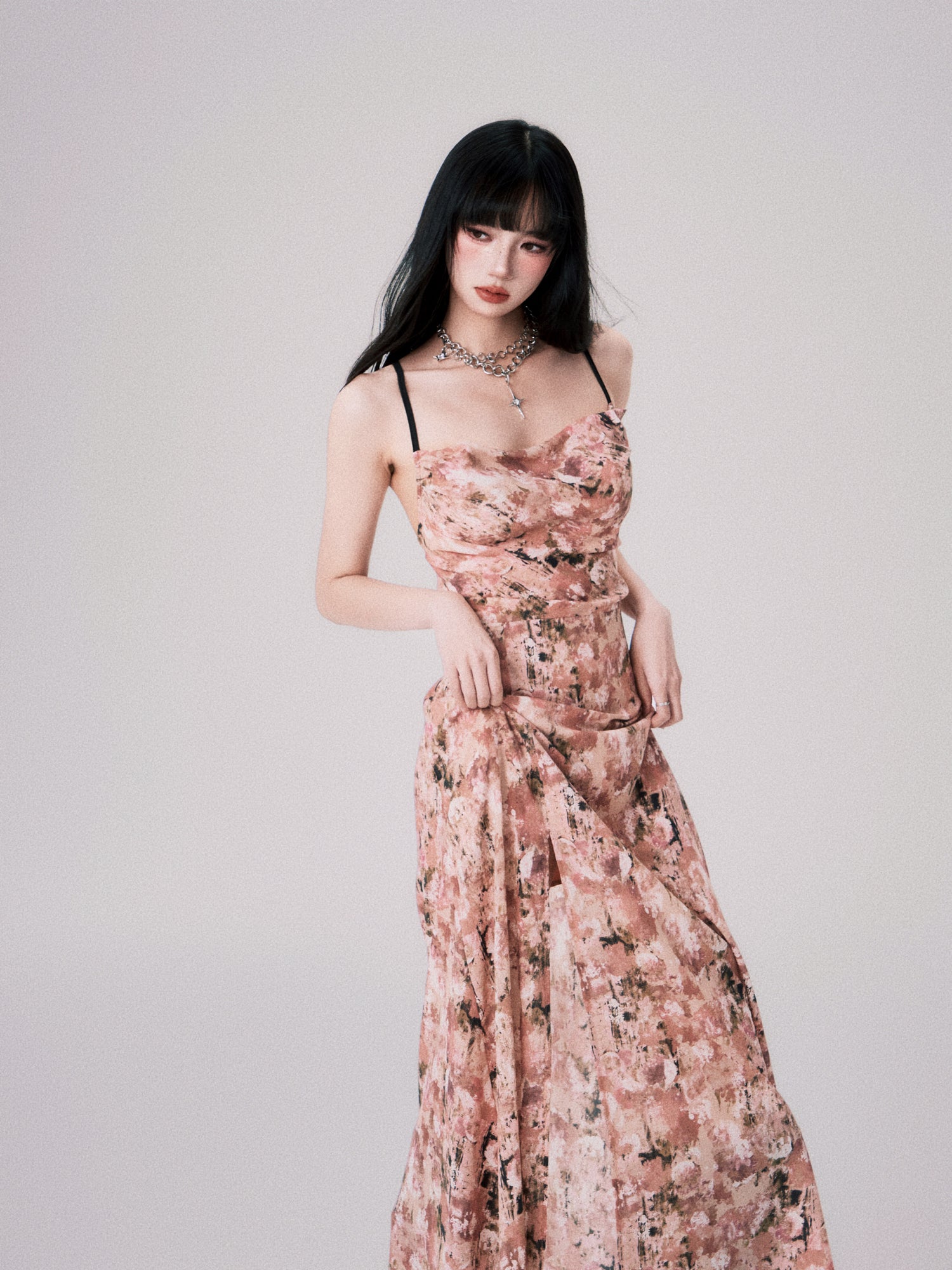 Swing Neck Backless Floral Suspender Dress