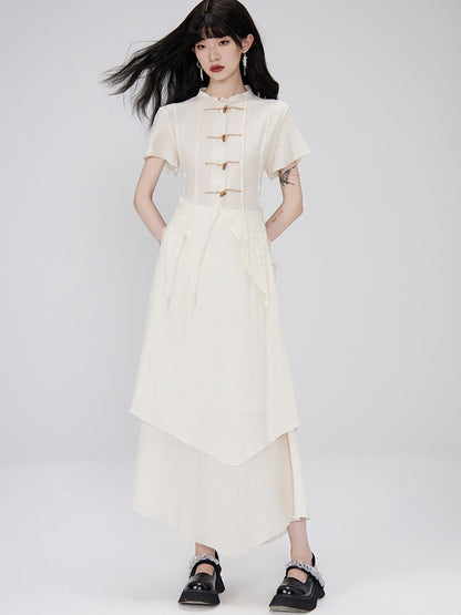 Irregular Hem Sheer Shirt ＆ Layered Design Skirt