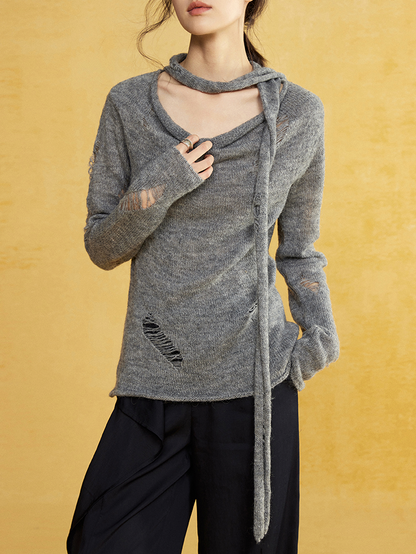 Swing Collar Irregular Hole Knitted Sweater