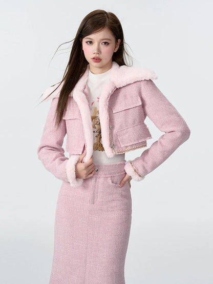 Contrast Color Fur Collar Tweed Padded Jacket &amp; Skirt