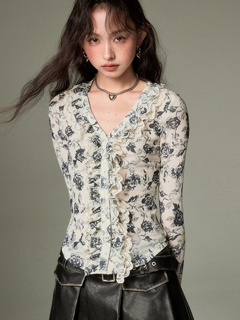 French Niche Floral Lace V-neck Shirt – ARCANA ARCHIVE