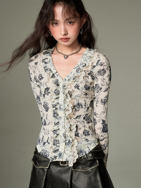 French Niche Floral Lace V-neck Shirt