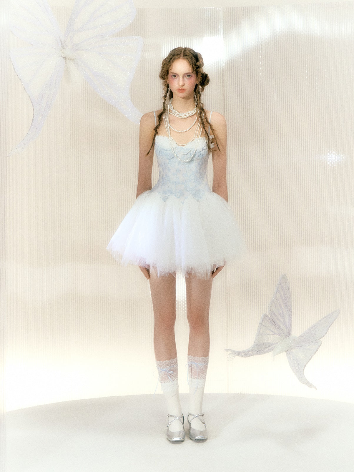 Flower Pearl Butterfly Ballet Style Mesh Suspender Dress