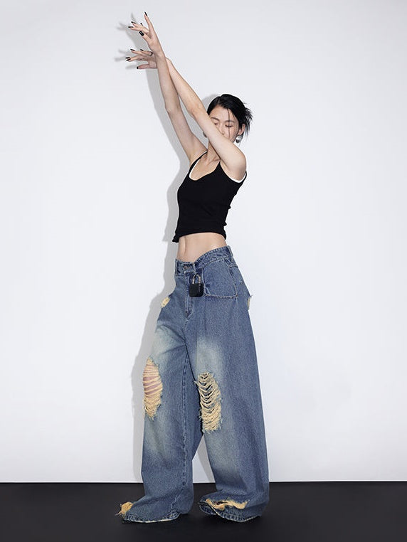 Pinched Pleats Wide-leg Denim Pants