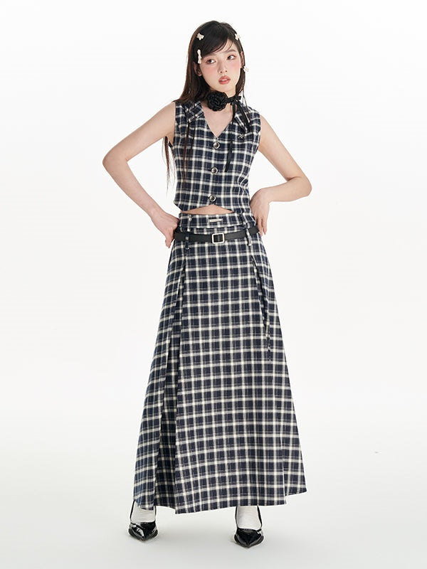 Plaid Short Vest &amp; High Waist A-line Long Skirt