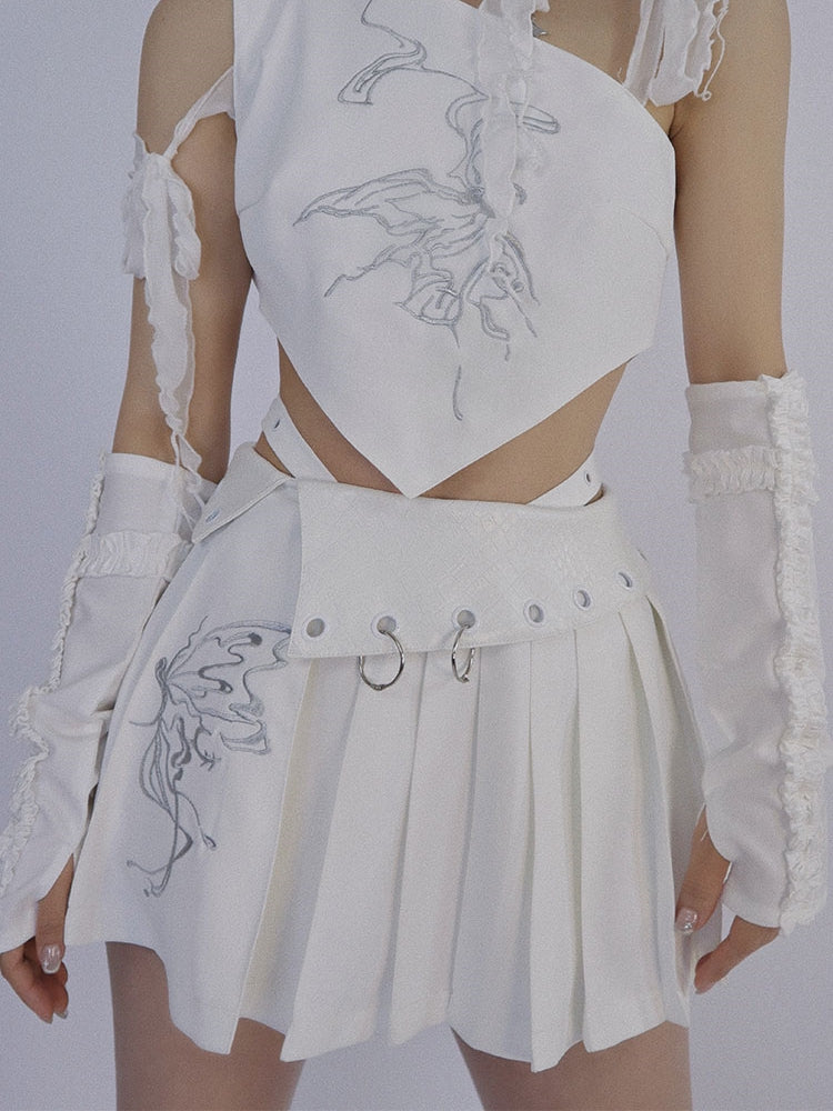 PLEATS EMBROIDERY RING FLAP Mini Flare Short-Skirt