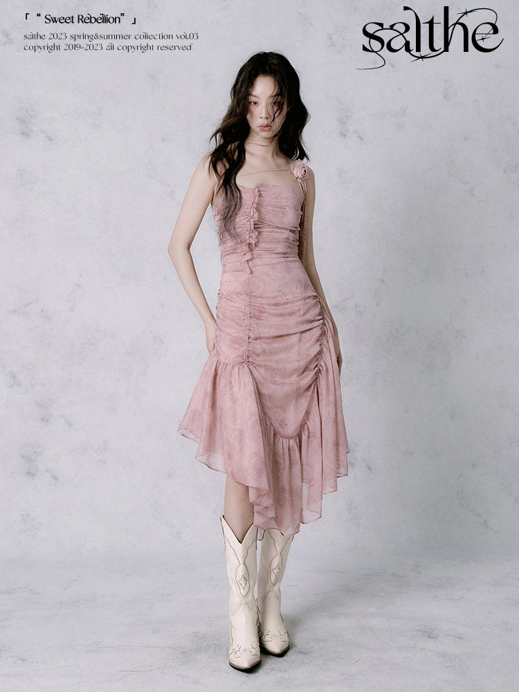 Rose Asymmetrical Wrinkled Suspender Dress