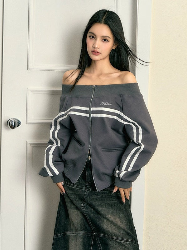 Off-Shoulder ZIP-Up Sports Casual Jacket