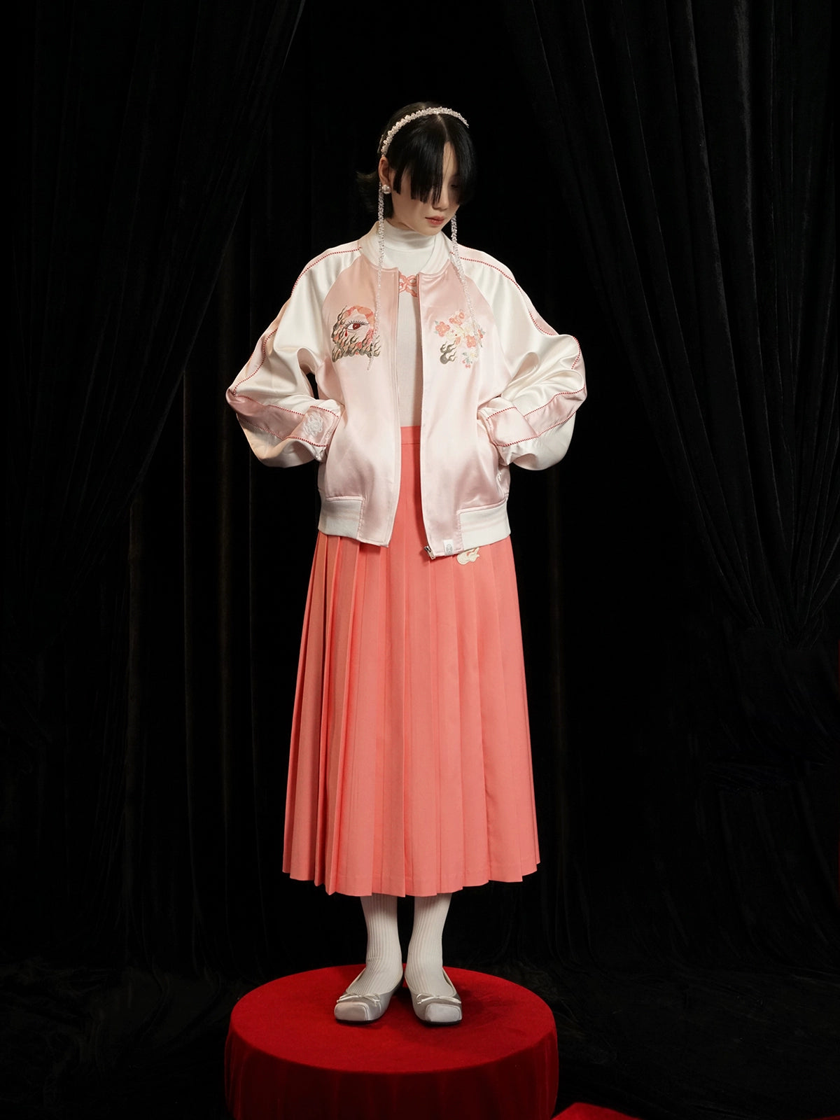 Embroidery Cherry Blossom Satin Jacket