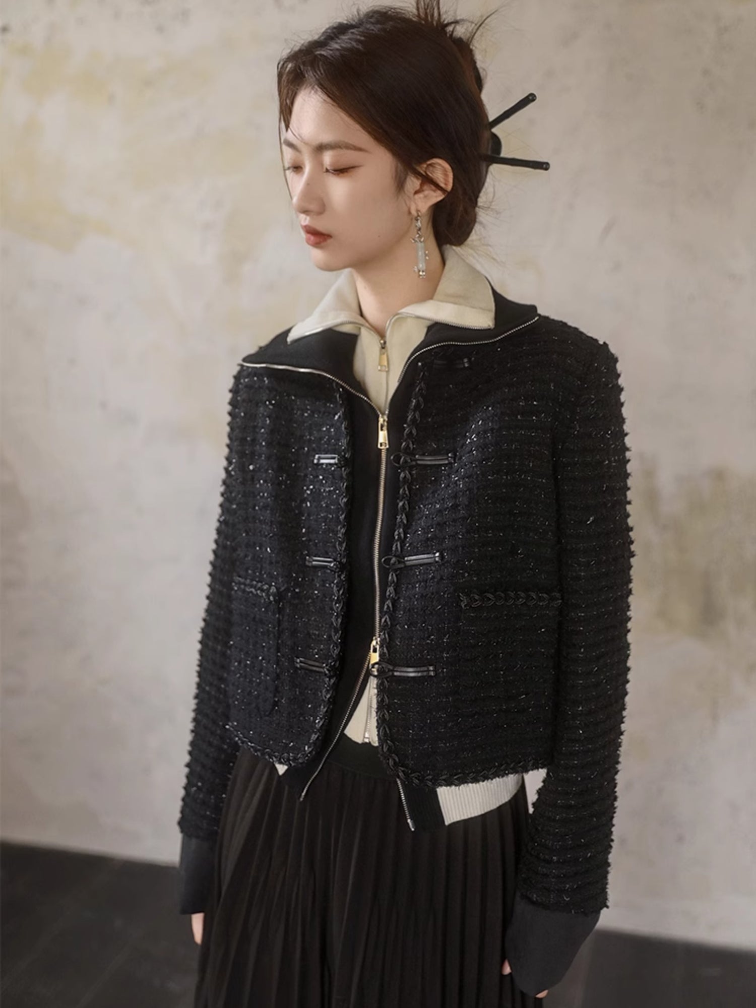 Veste courte en tweed de style chinois