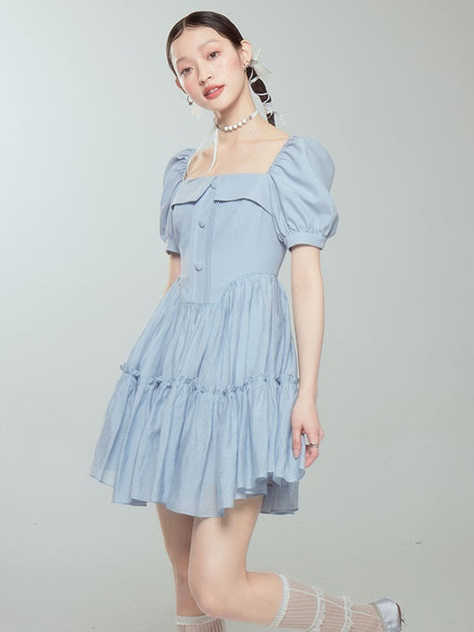 princess puff sleeve mini dress Princess Polly Puff Sleeve Lace Trim Mini Dress in Blue