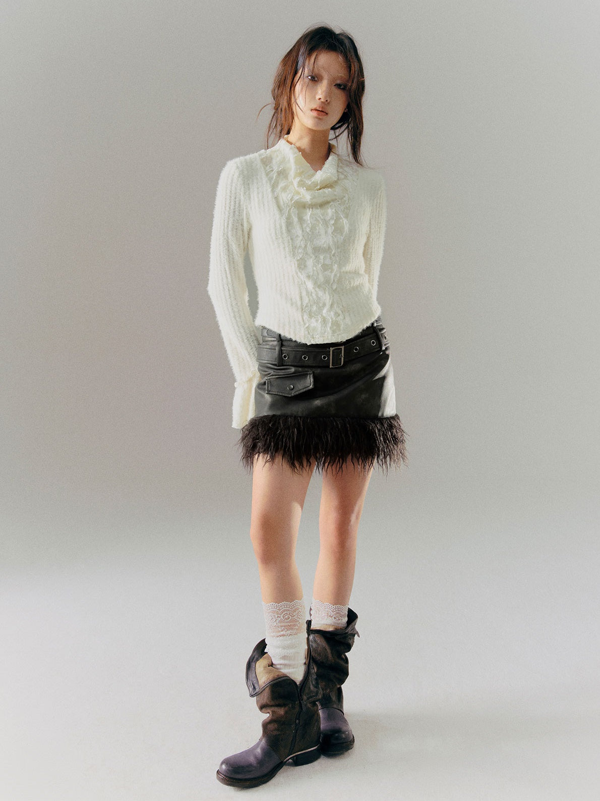 Retro Stitching Fur Double Belt Tie-dye Leather Skirt