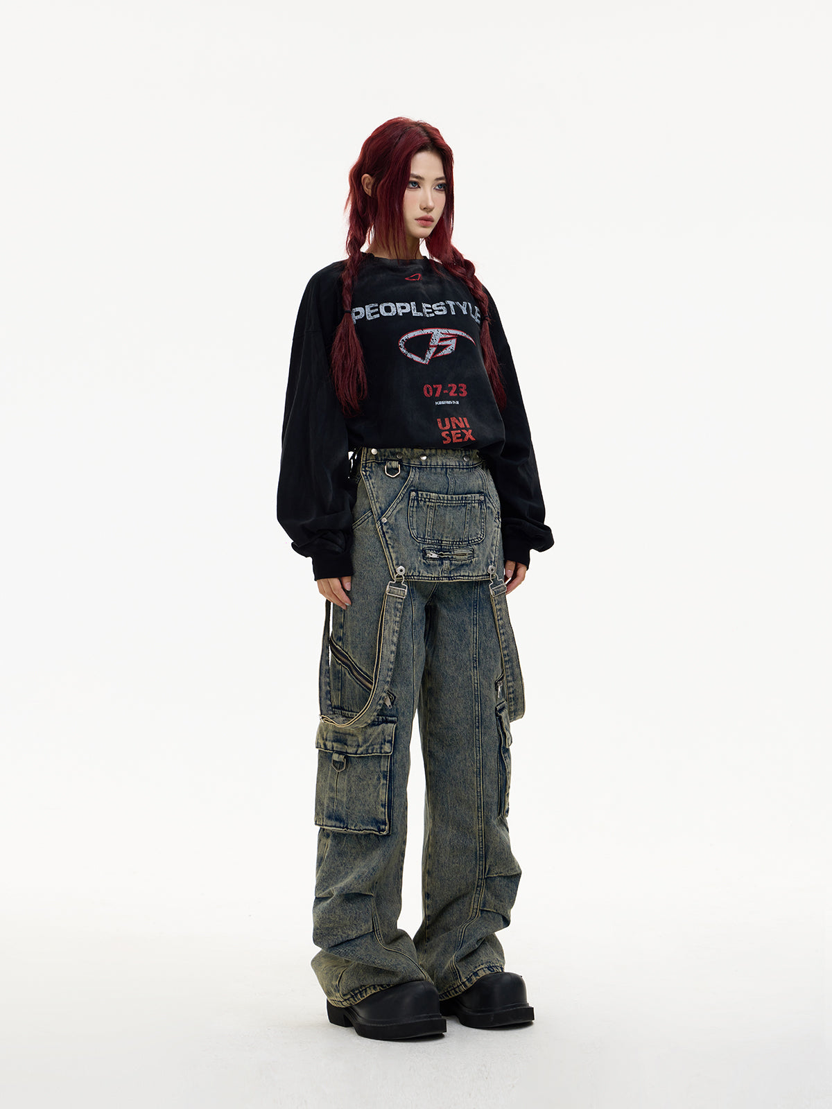 Detachable Distressed Washed Multi-pocket Salopette Pants