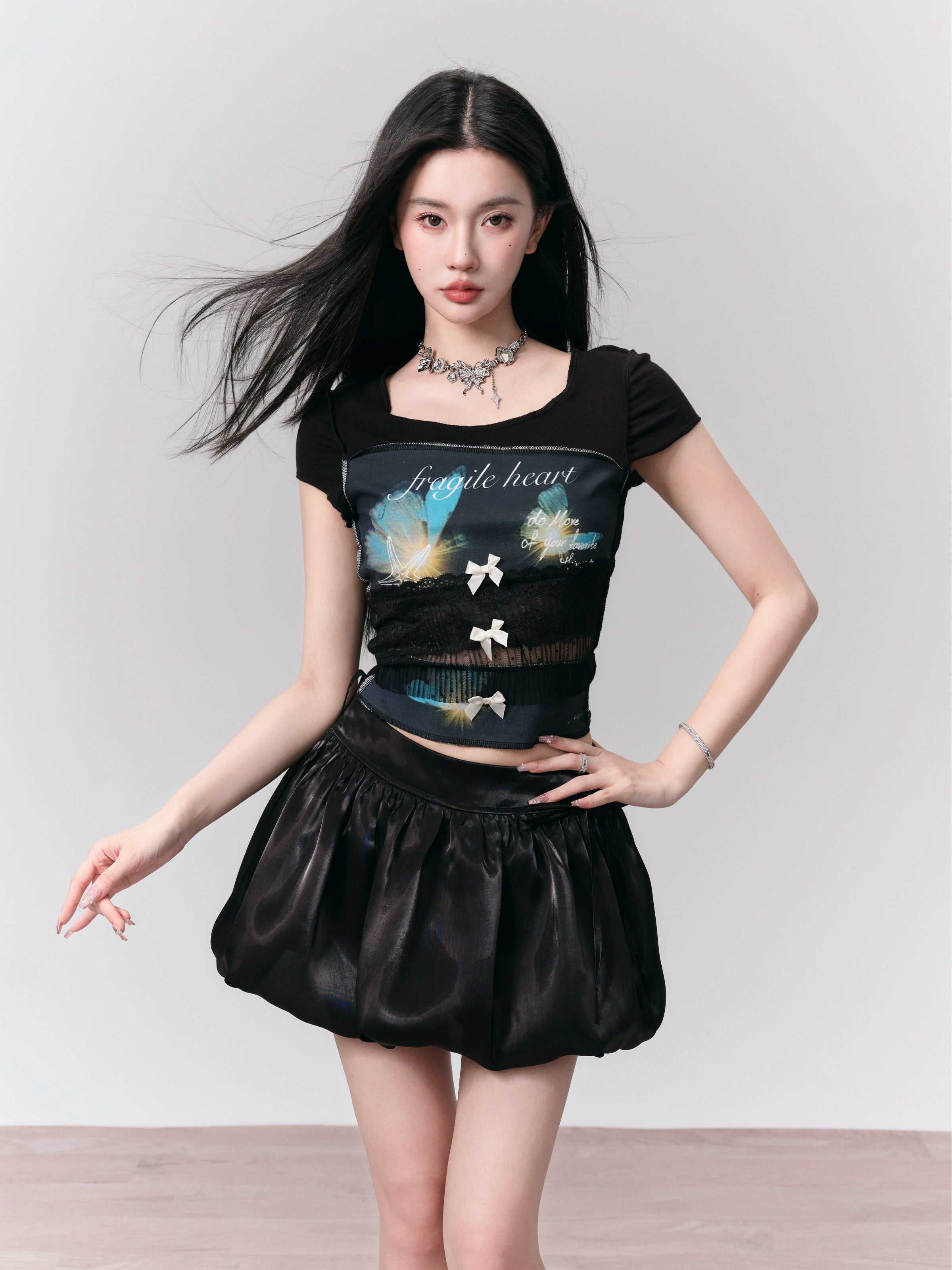 Printed Lace Stitching Bow Slim T-Shirt