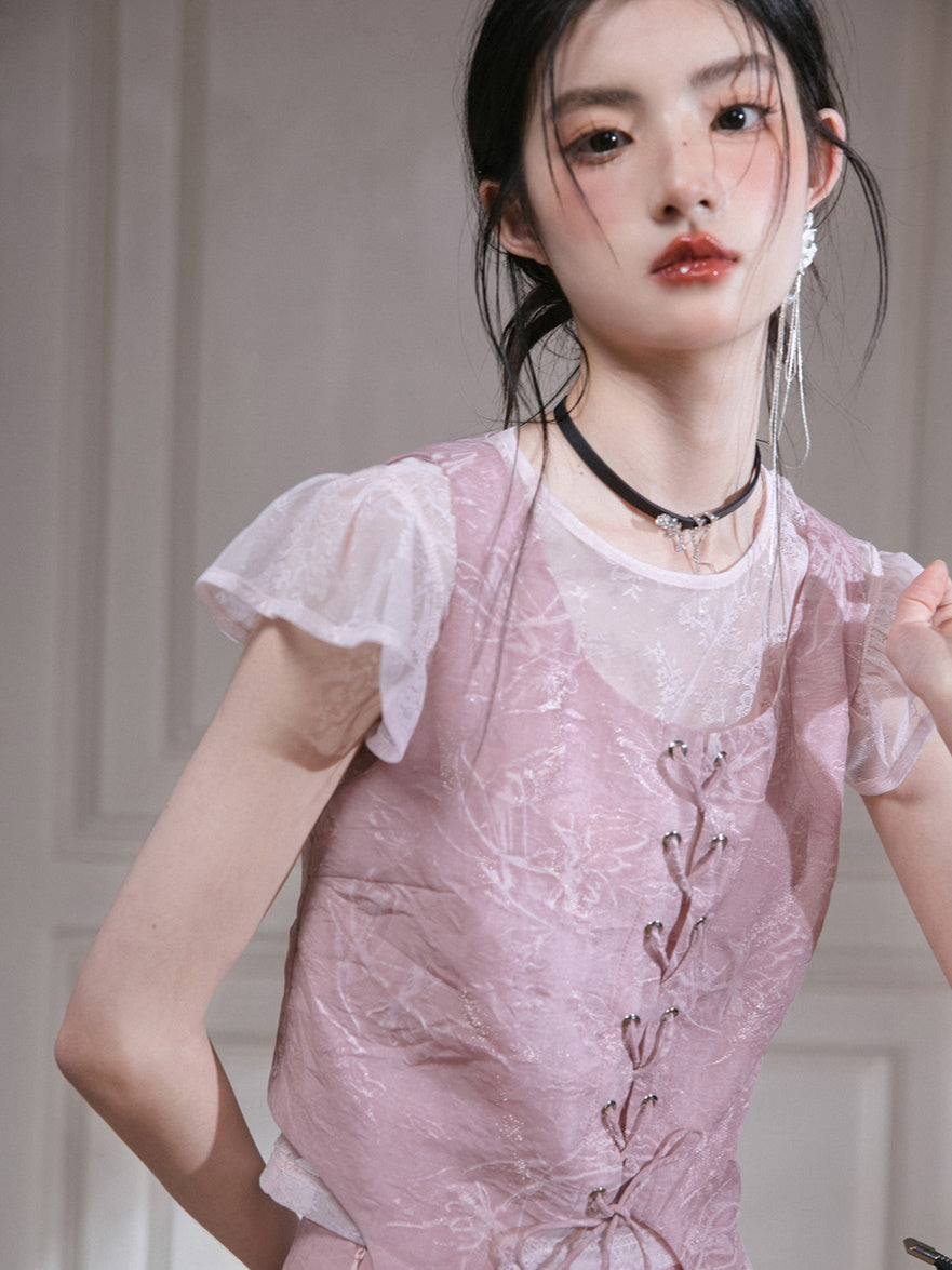 Small Flying Sleeve T-Shirt ＆ Embossed Lace-Up Vest Setup ＆ Long Skirt