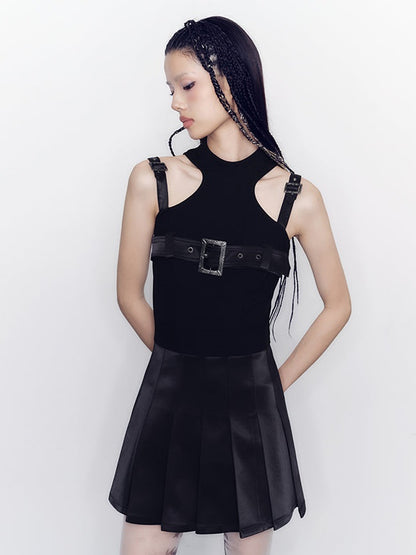 Belt Design Pleated Sleeveless Dress