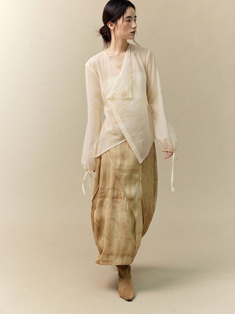 See-Through Balloon-Sleeve Asymmetry Wrap Nichi Classy Blouse