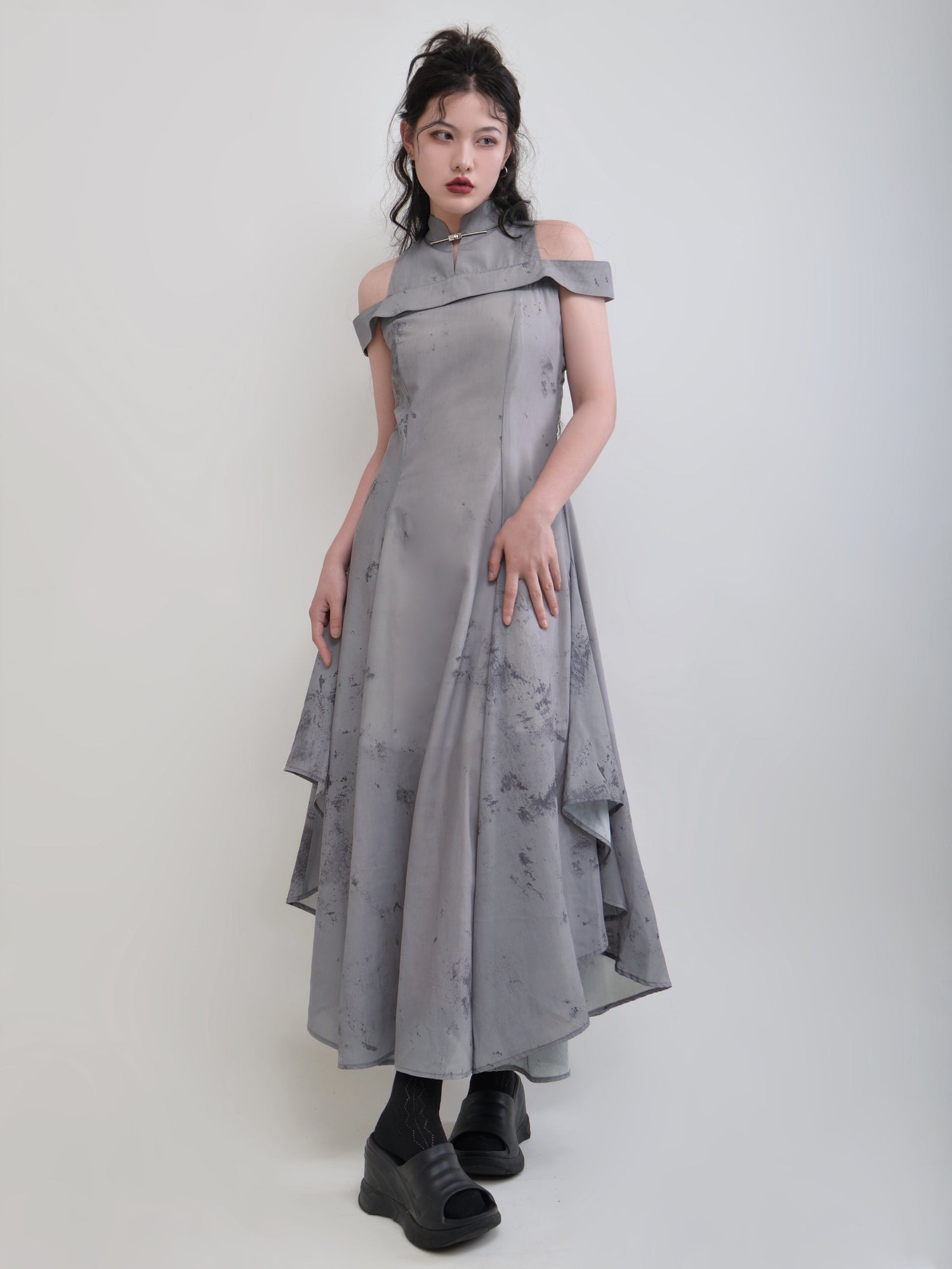 Mao Collar Ink Printing One-shoulder Dress