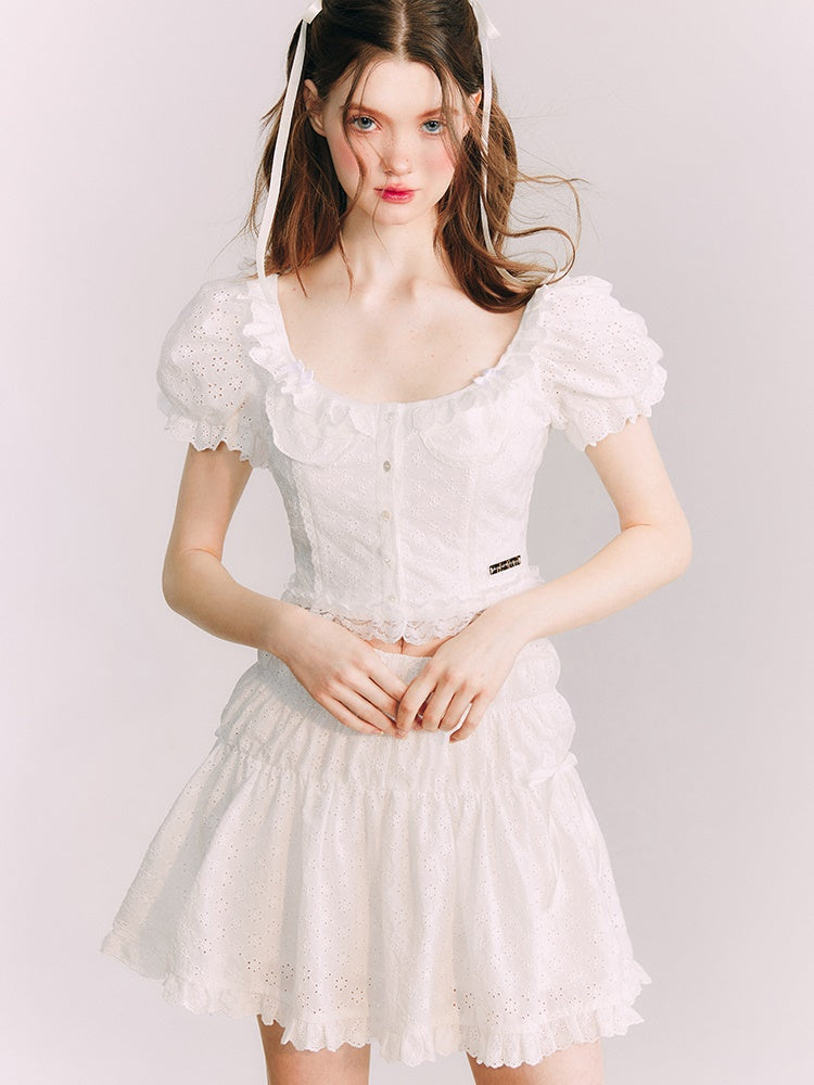 Cutwork Lace Puff Sleeve Top &amp; A-line Skirt