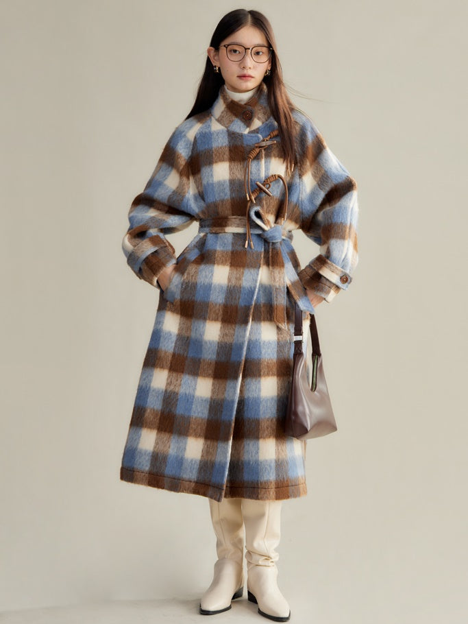 Retro Plaid Stand Collar Toggle Coat