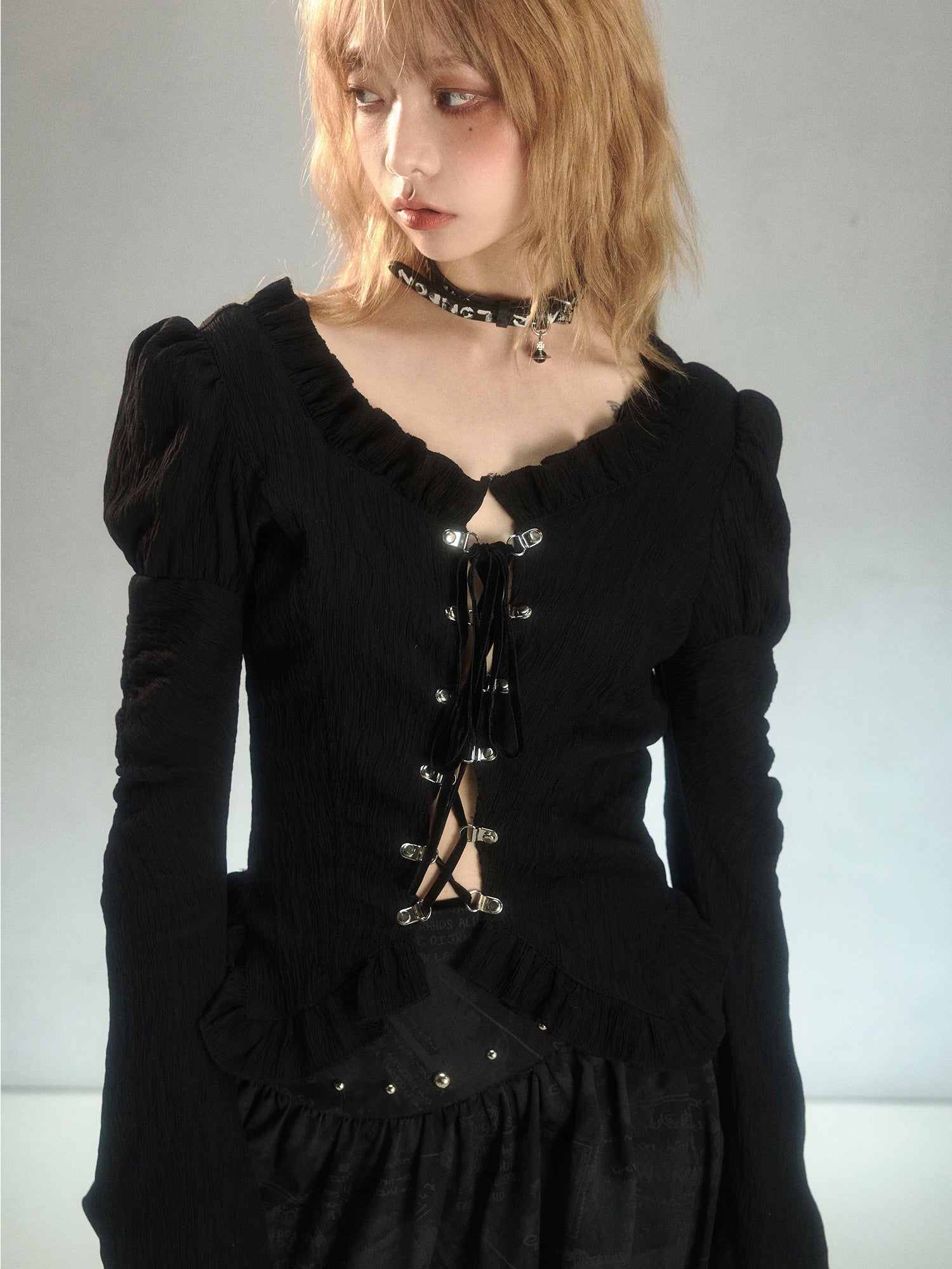 Lace-Up Slim Fit Ruffled Bell Sleeve Shirt