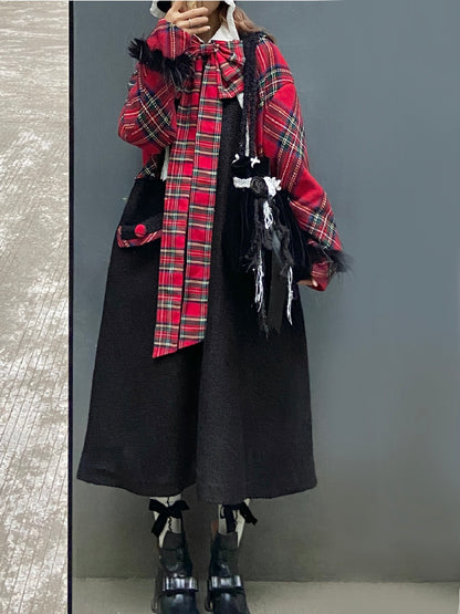 Retro Plaid Switching Long Coat