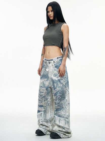 Vintage 3D Printed Keychain Baggy Wide Leg Jeans