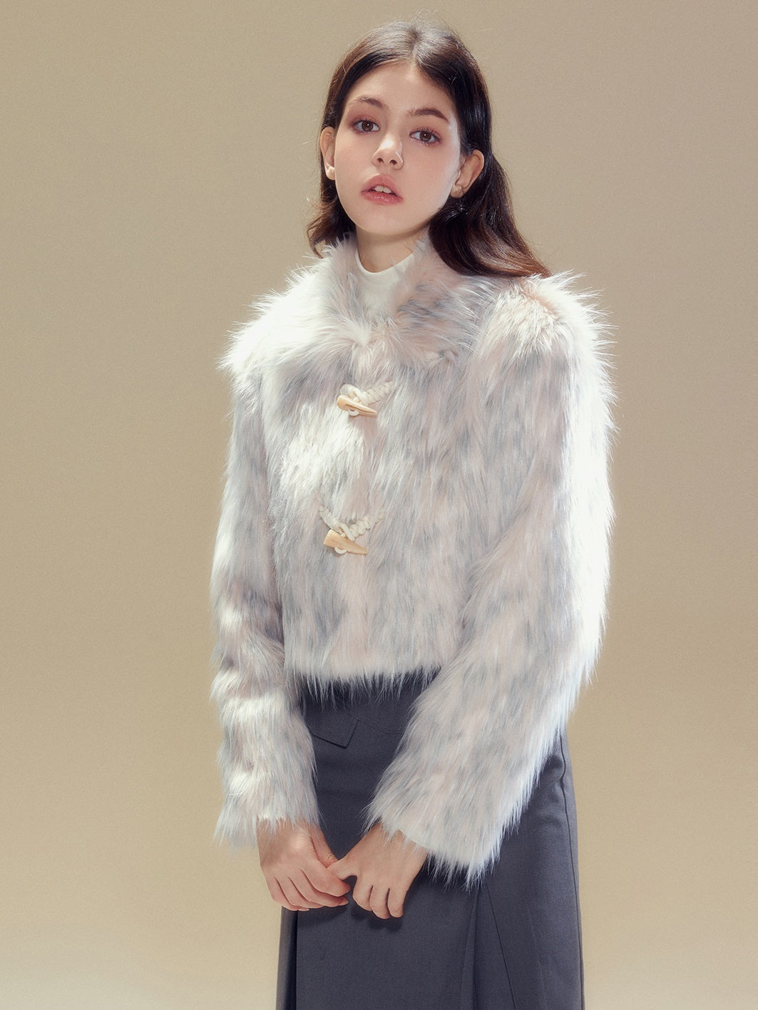 Long Hair Horn Button Friendly Fur Jacket &amp; Box Pleated Skirt