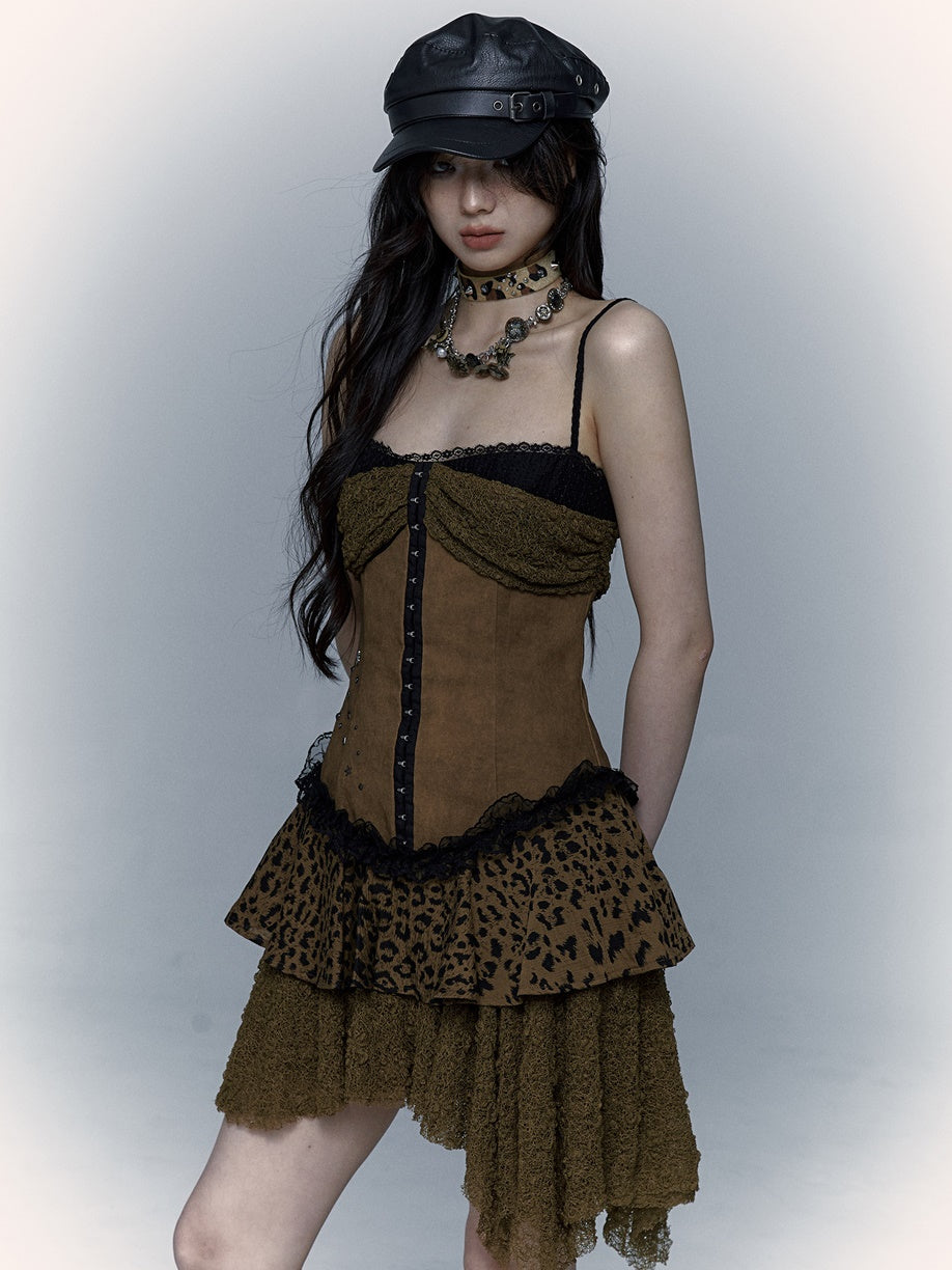 Splicing Lace Irregular Leopard Print Suspender Dress